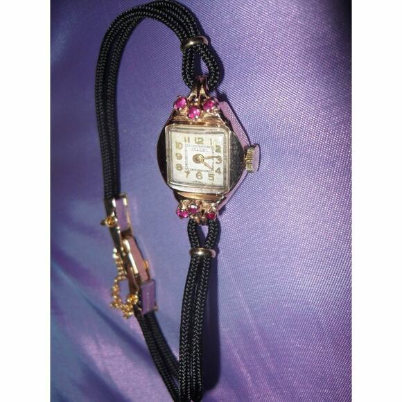18 KARAT ROSE GOLD & RUBY ANTIQUE WATCH with New Cord Band -Works Perfectly - Picture 1 of 5